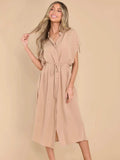 Drawstring Collared Neck Short Sleeve Midi Dress - Trendsi - Flyclothing LLC