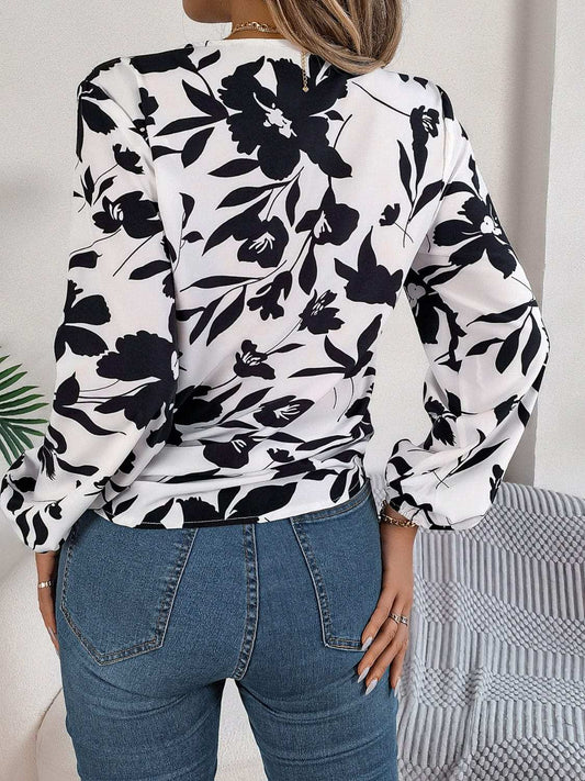 Printed V-Neck Long Sleeve Blouse - Trendsi - Flyclothing LLC