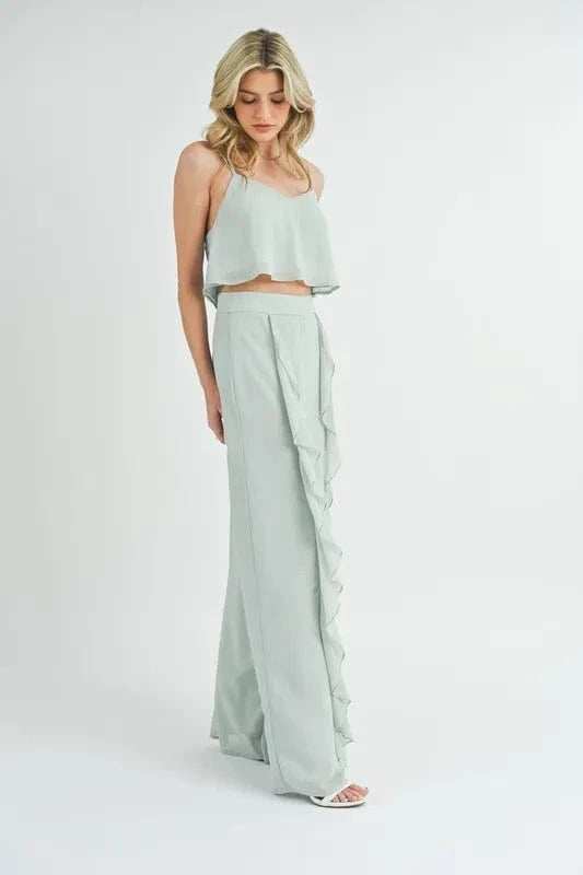 MABLE Crop Cami and Ruffled Wide Leg Pants Set - Trendsi - Flyclothing LLC
