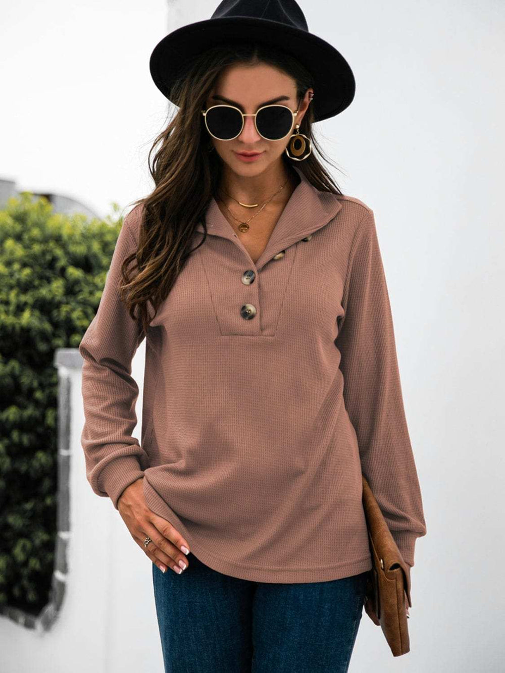 Half Button Long Sleeve T-Shirt - Trendsi - Flyclothing LLC