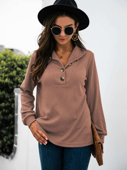Half Button Long Sleeve T-Shirt - Trendsi - Flyclothing LLC