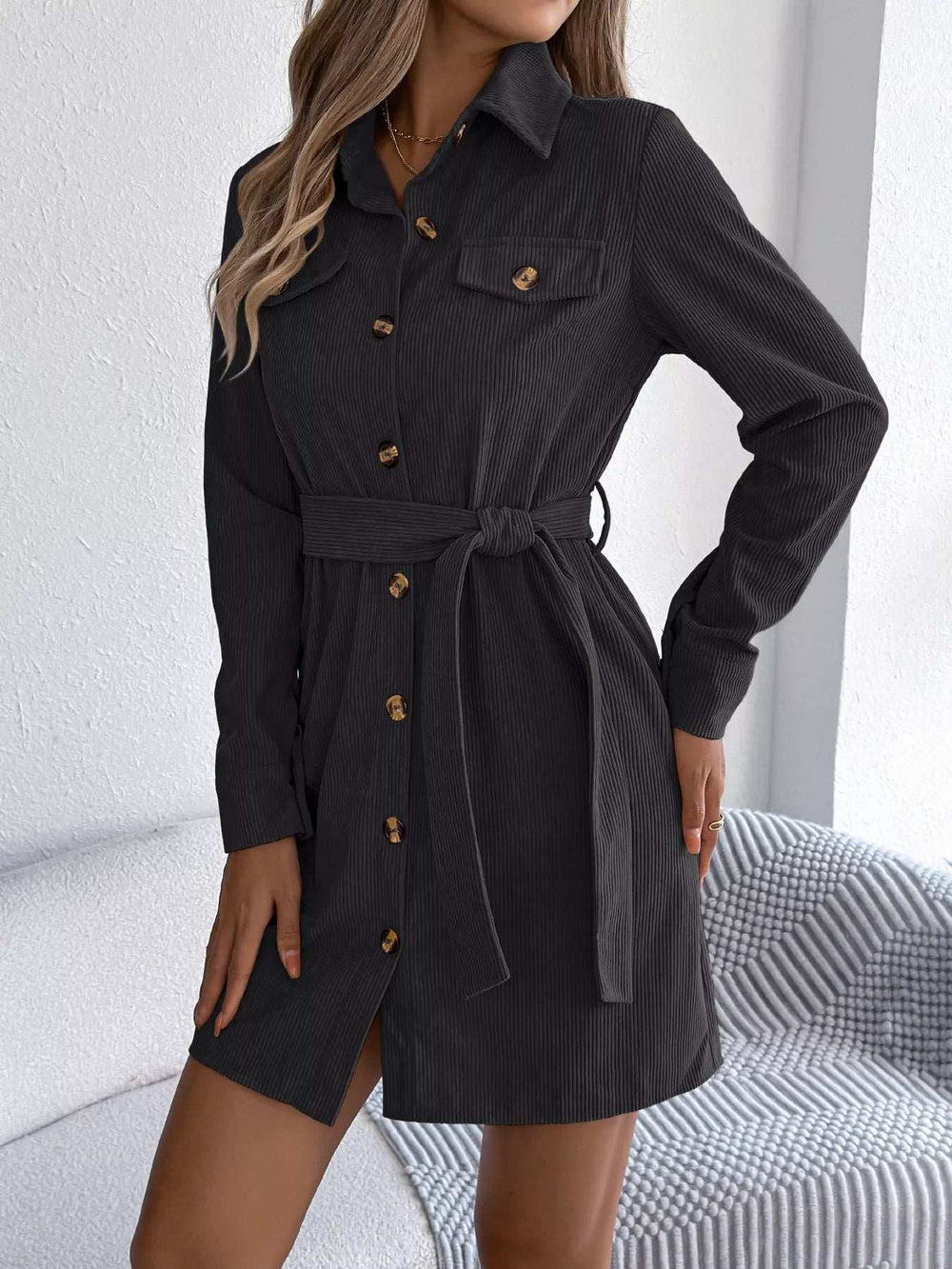 Button-Front Corduroy Shirt Dress - Trendsi - Flyclothing LLC