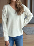 V-Neck Dropped Shoulder Long Sleeve Sweater - Trendsi - Flyclothing LLC