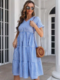 Plaid V-Neck Short Sleeve Midi Dress - Trendsi - Flyclothing LLC