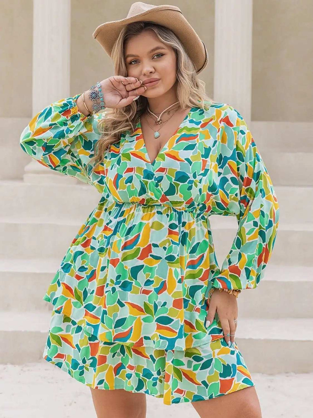 Plus Size Printed Surplice Long Sleeve Mini Dress - Trendsi - Flyclothing LLC