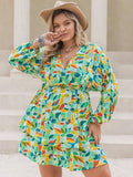 Plus Size Printed Surplice Long Sleeve Mini Dress - Trendsi - Flyclothing LLC