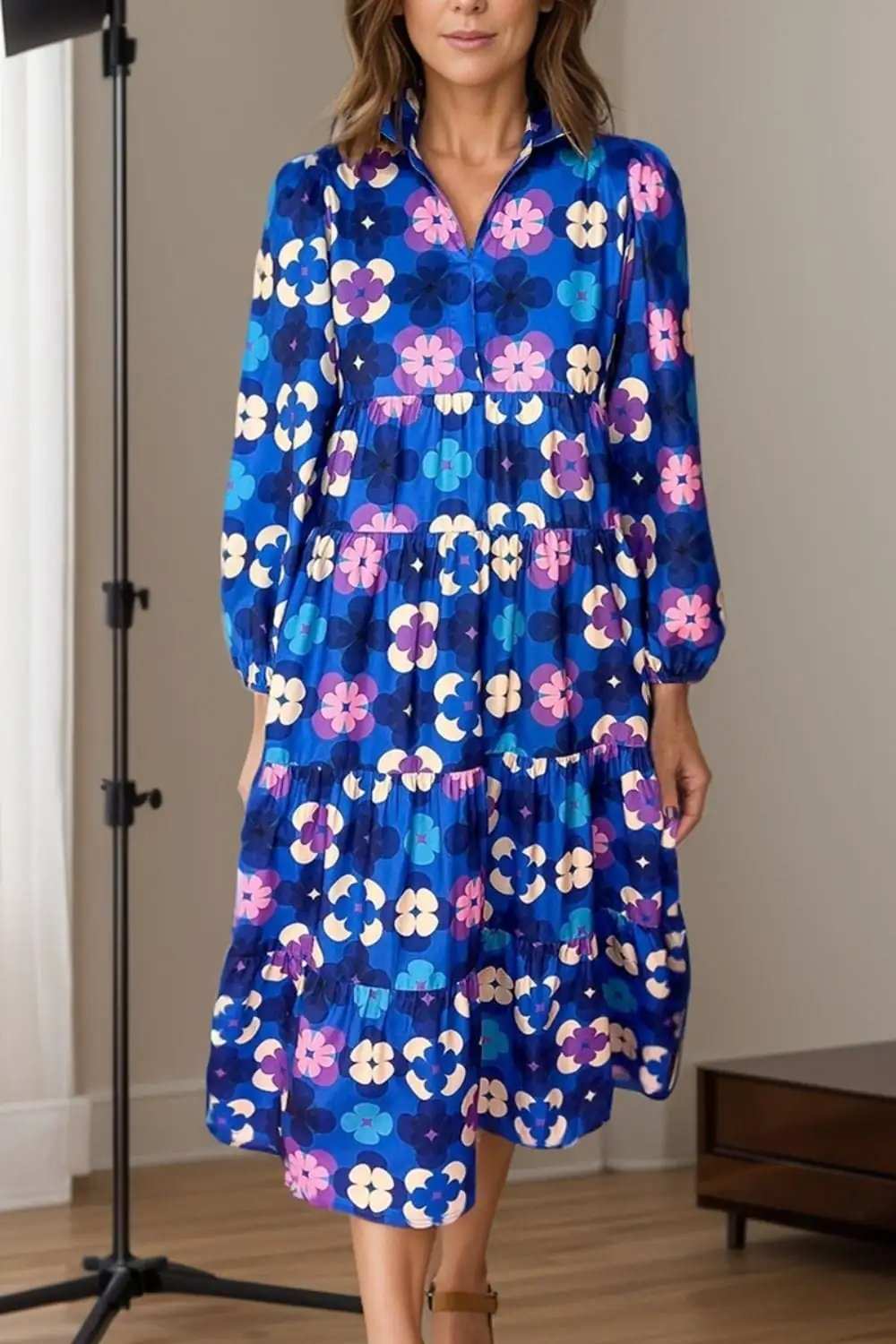 Printed Collared Neck Long Sleeve Midi Dress - Trendsi - Flyclothing LLC