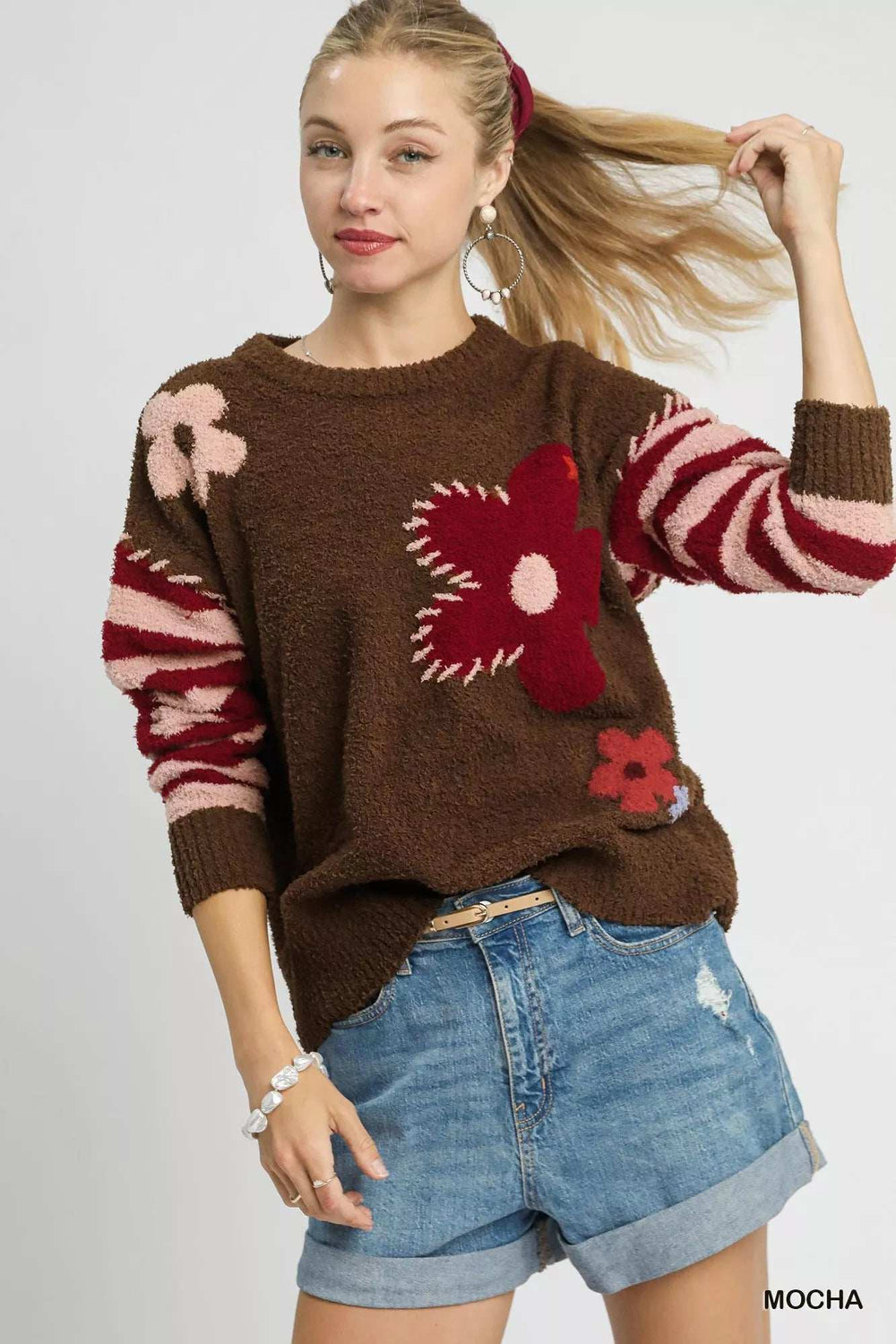 Umgee Flower Jacquard Striped Long Sleeve Sweater - Trendsi - Flyclothing LLC