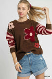 Umgee Flower Jacquard Striped Long Sleeve Sweater - Trendsi - Flyclothing LLC