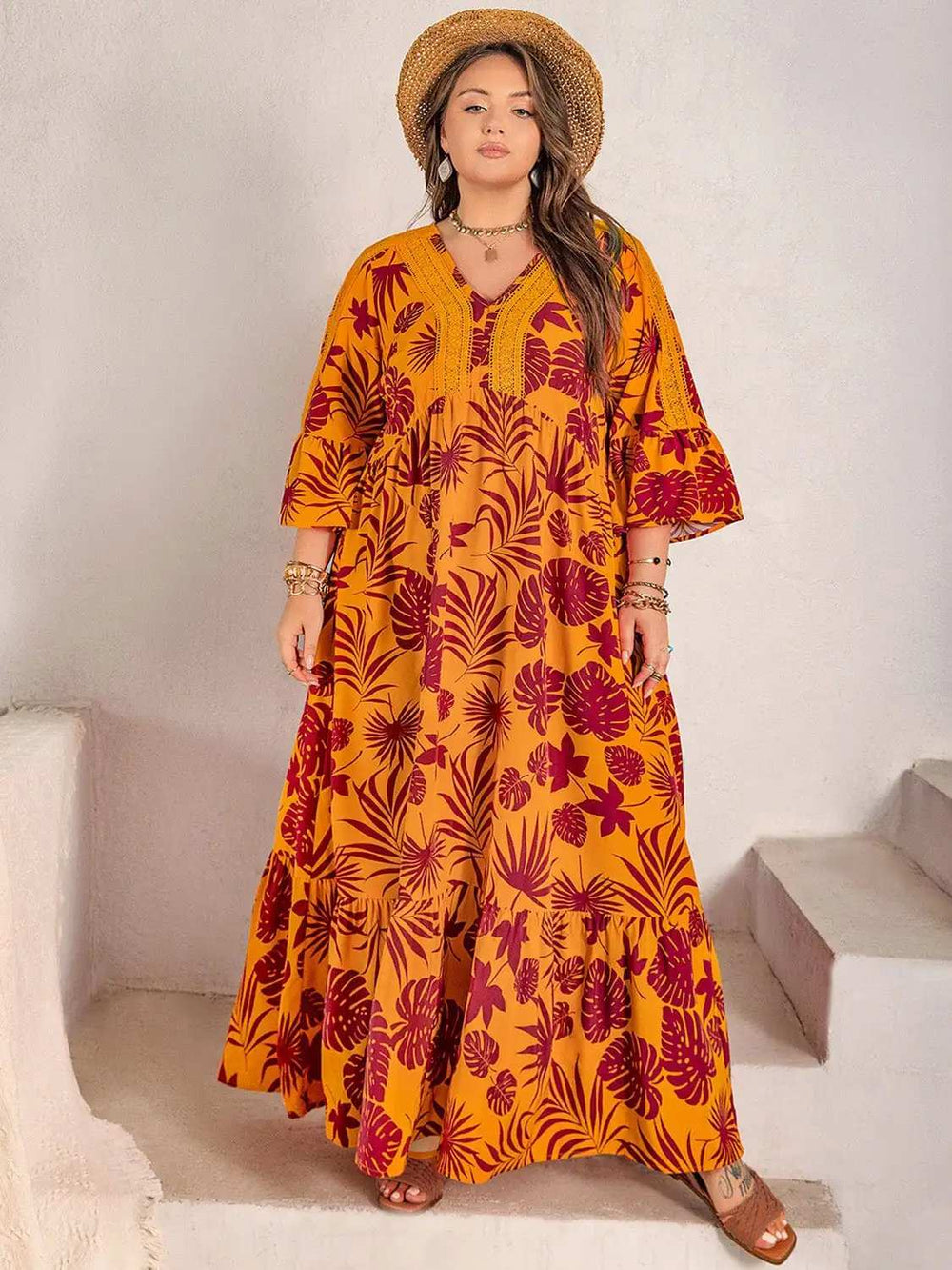 Plus Size Lace Detail Printed V-Neck Maxi Dress - Trendsi - Flyclothing LLC