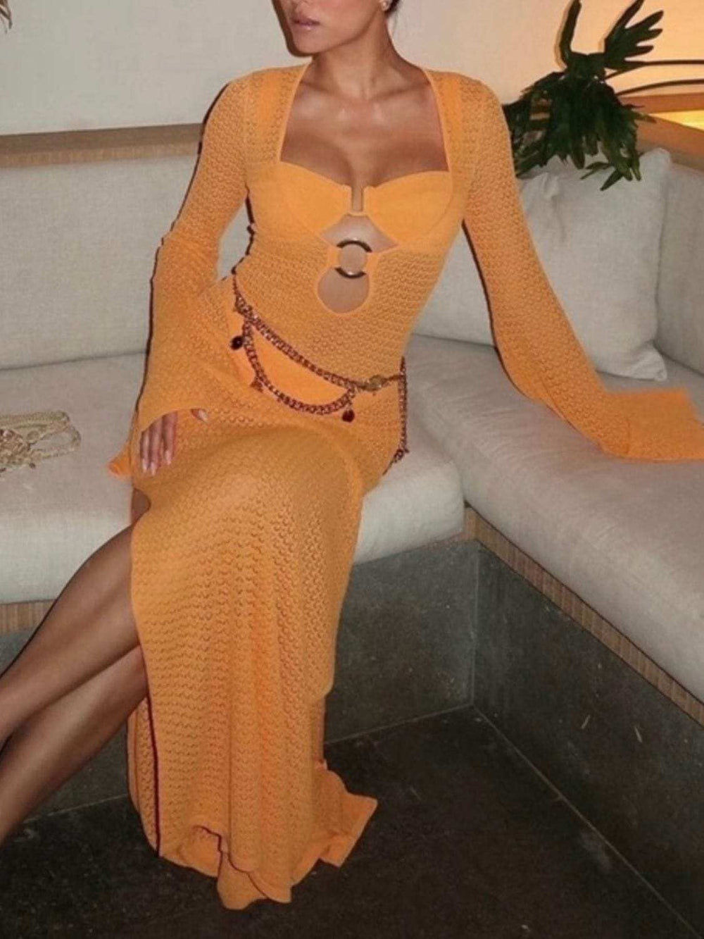 Slit Plunge Flare Sleeve Cover-Up Dress - Trendsi - Flyclothing LLC