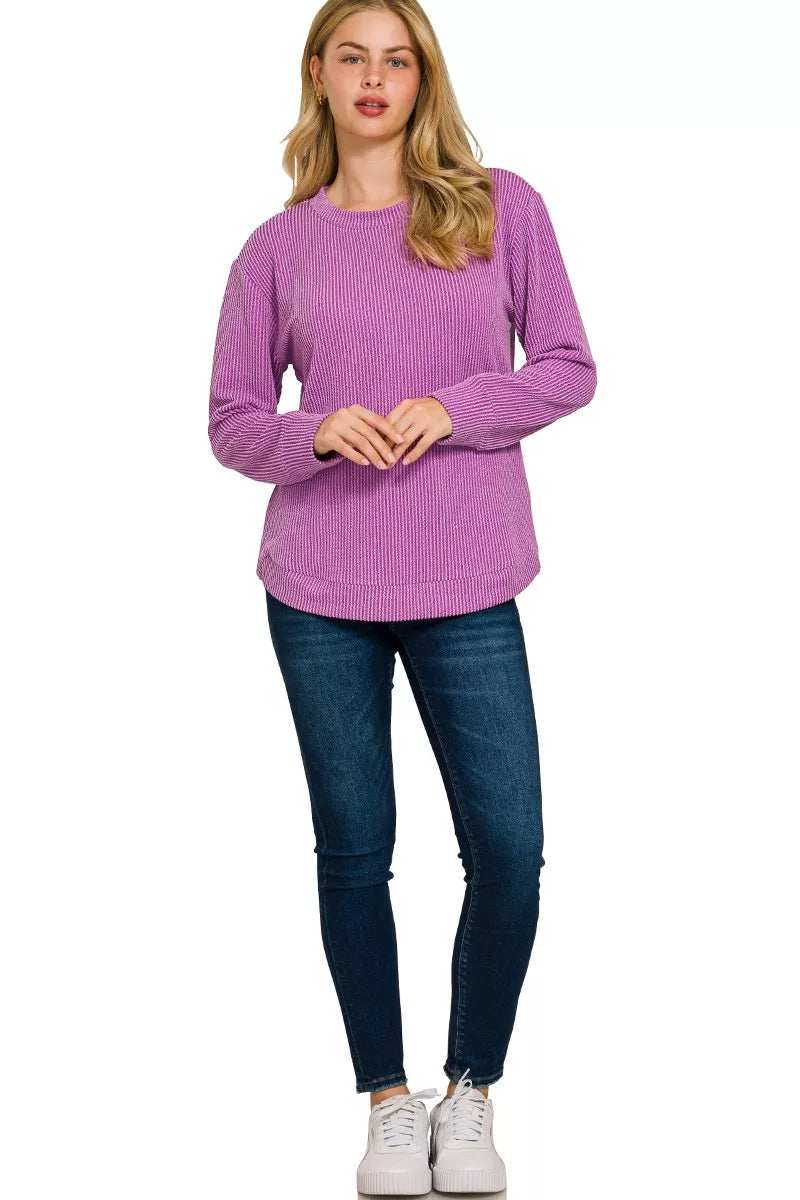 Zenana Full Size Raised Rib Round Neck Long Sleeve Top Plus Size - Trendsi - Flyclothing LLC