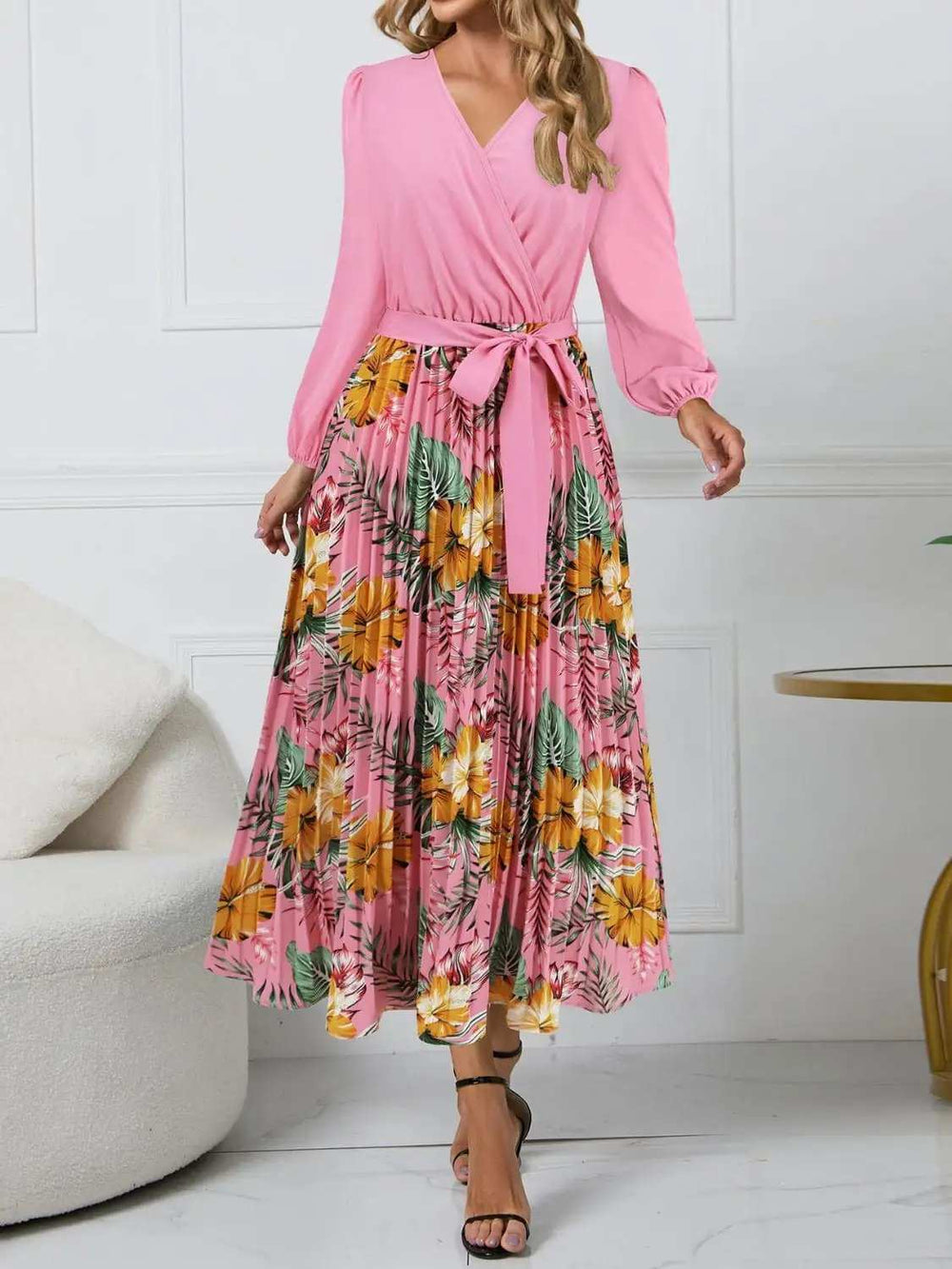 Pleated Printed Surplice Long Sleeve Dress - Trendsi - Flyclothing LLC