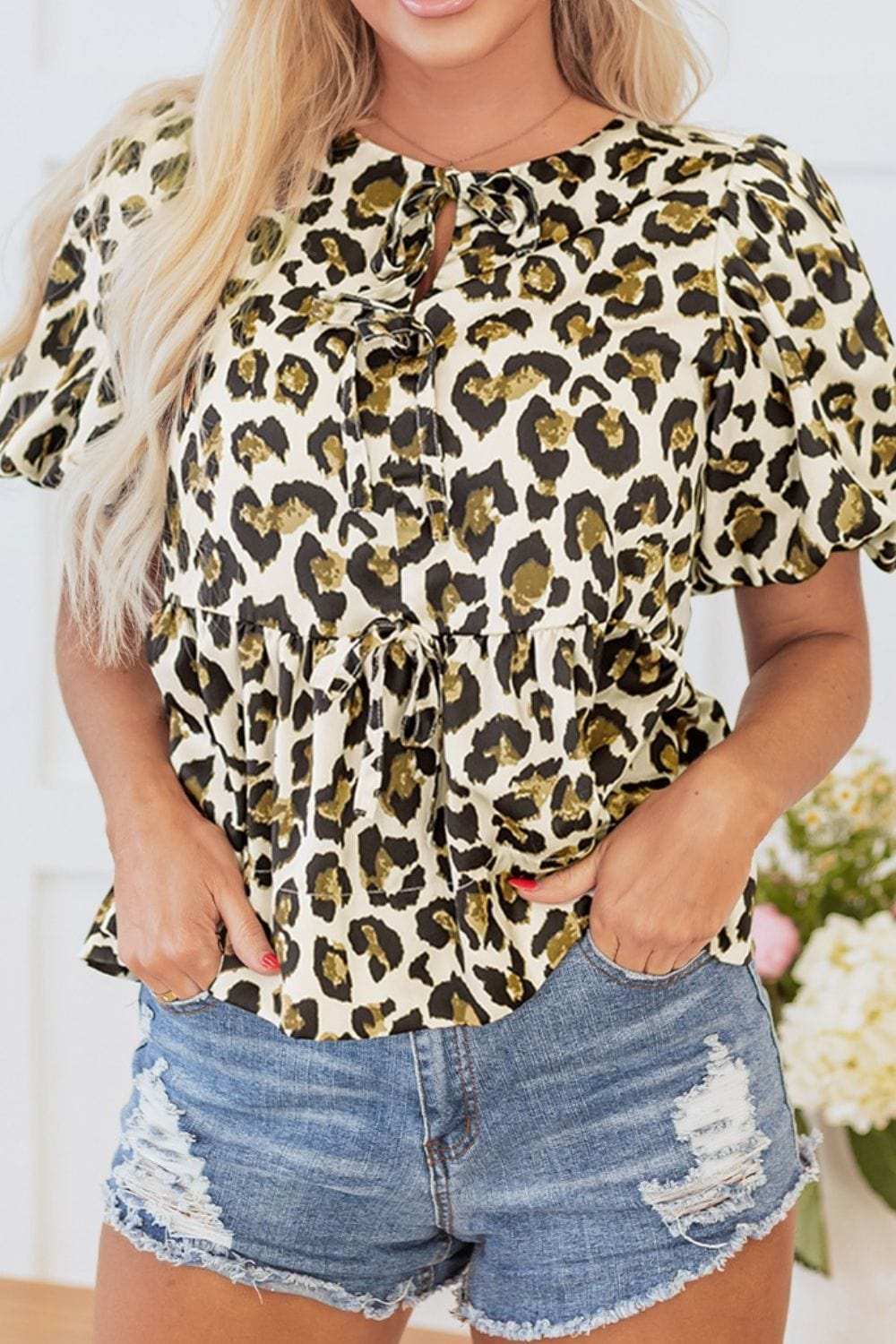 Leopard Bow Tie Front Puff Sleeve Peplum Blouse - Trendsi - Flyclothing LLC