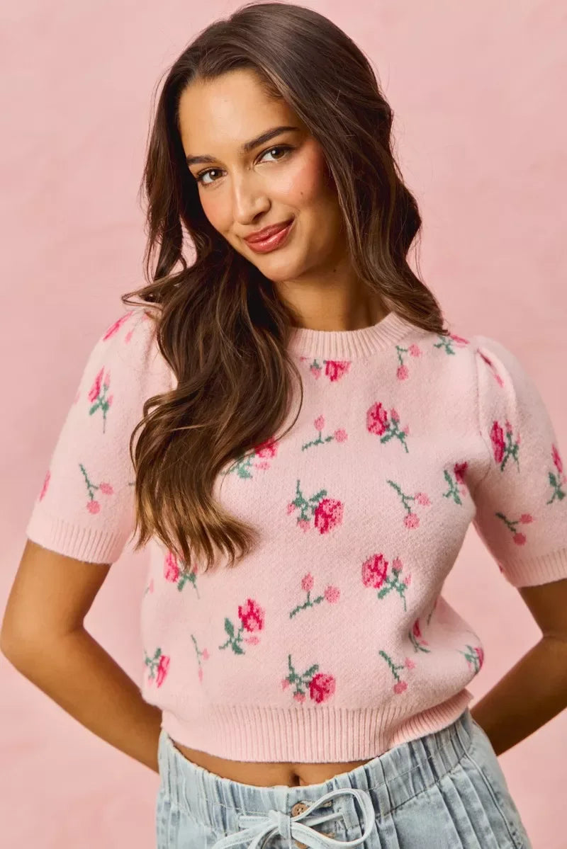 SO ME Floral Pattern Knit Puff Sleeves Sweater Top - Trendsi - Flyclothing LLC