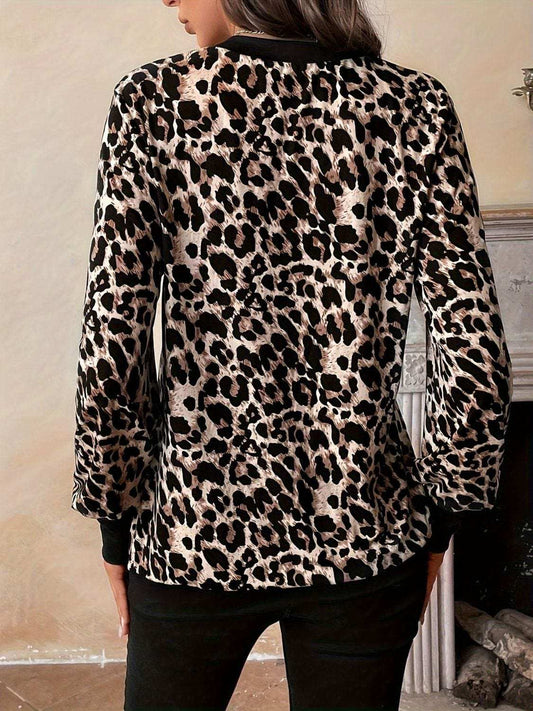 Decorative Button Leopard V-Neck Long Sleeve T-Shirt - Trendsi - Flyclothing LLC