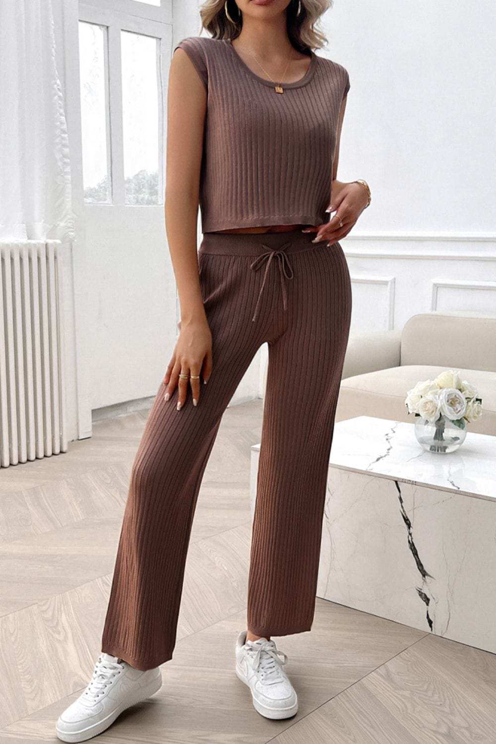 Ribbed Round Neck Top and Pants Set - Trendsi - Flyclothing LLC
