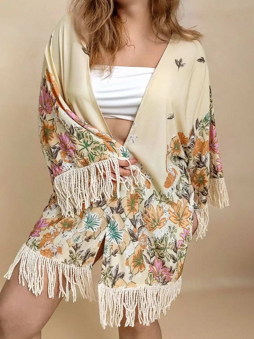 Plus Size Fringe Printed Open Front Cardigan - Trendsi - Flyclothing LLC