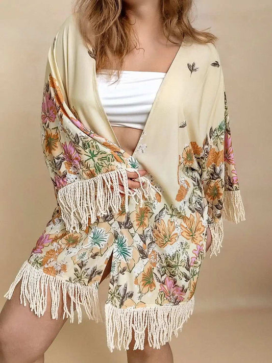 Plus Size Fringe Printed Open Front Cardigan - Trendsi - Flyclothing LLC