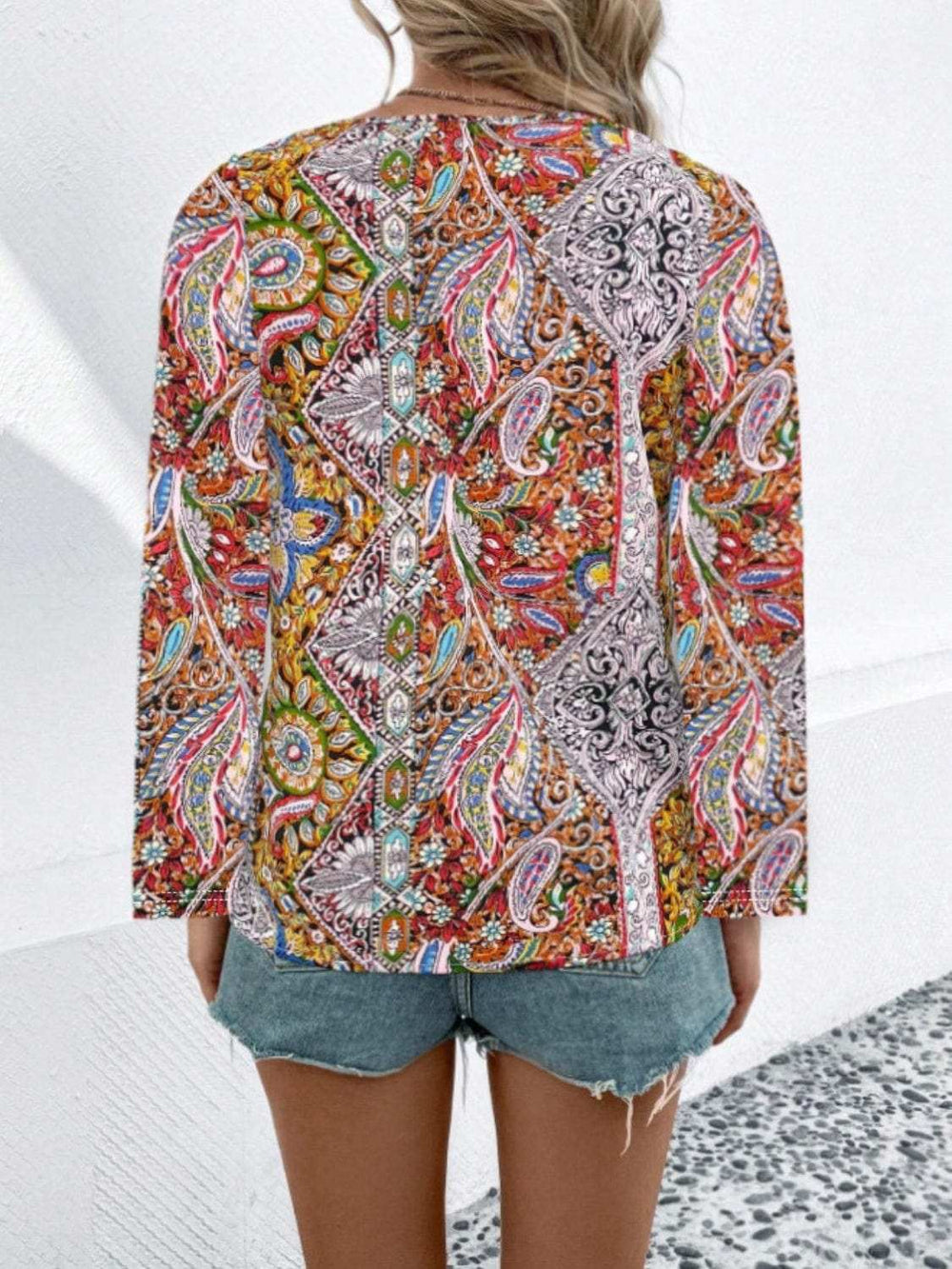 Printed V-Neck Long Sleeve Blouse - Trendsi - Flyclothing LLC