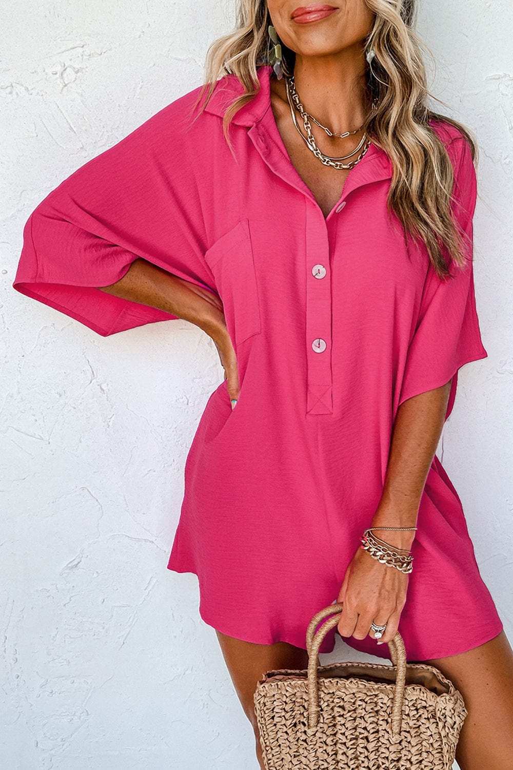 Half Button Collared Neck Romper - Trendsi - Flyclothing LLC