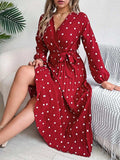 Tied Polka Dot Long Sleeve Midi Dress - Trendsi - Flyclothing LLC