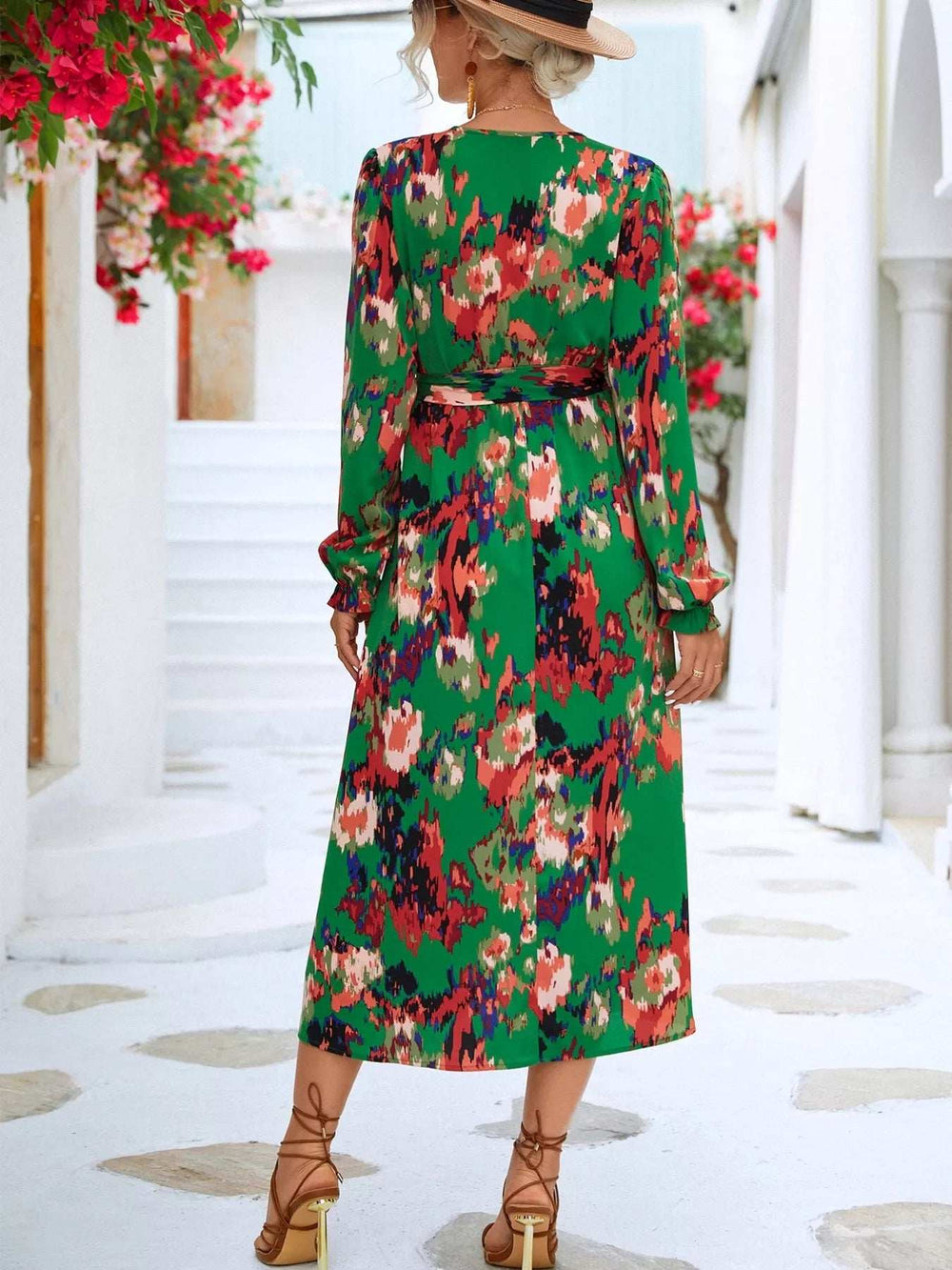 Printed Surplice Long Sleeve Midi Dress - Trendsi - Flyclothing LLC