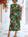 Printed Surplice Long Sleeve Midi Dress - Trendsi - Flyclothing LLC
