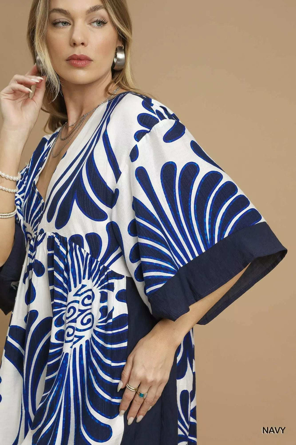 Umgee Abstract Print Kimono Sleeve Mini Dress - Trendsi - Flyclothing LLC