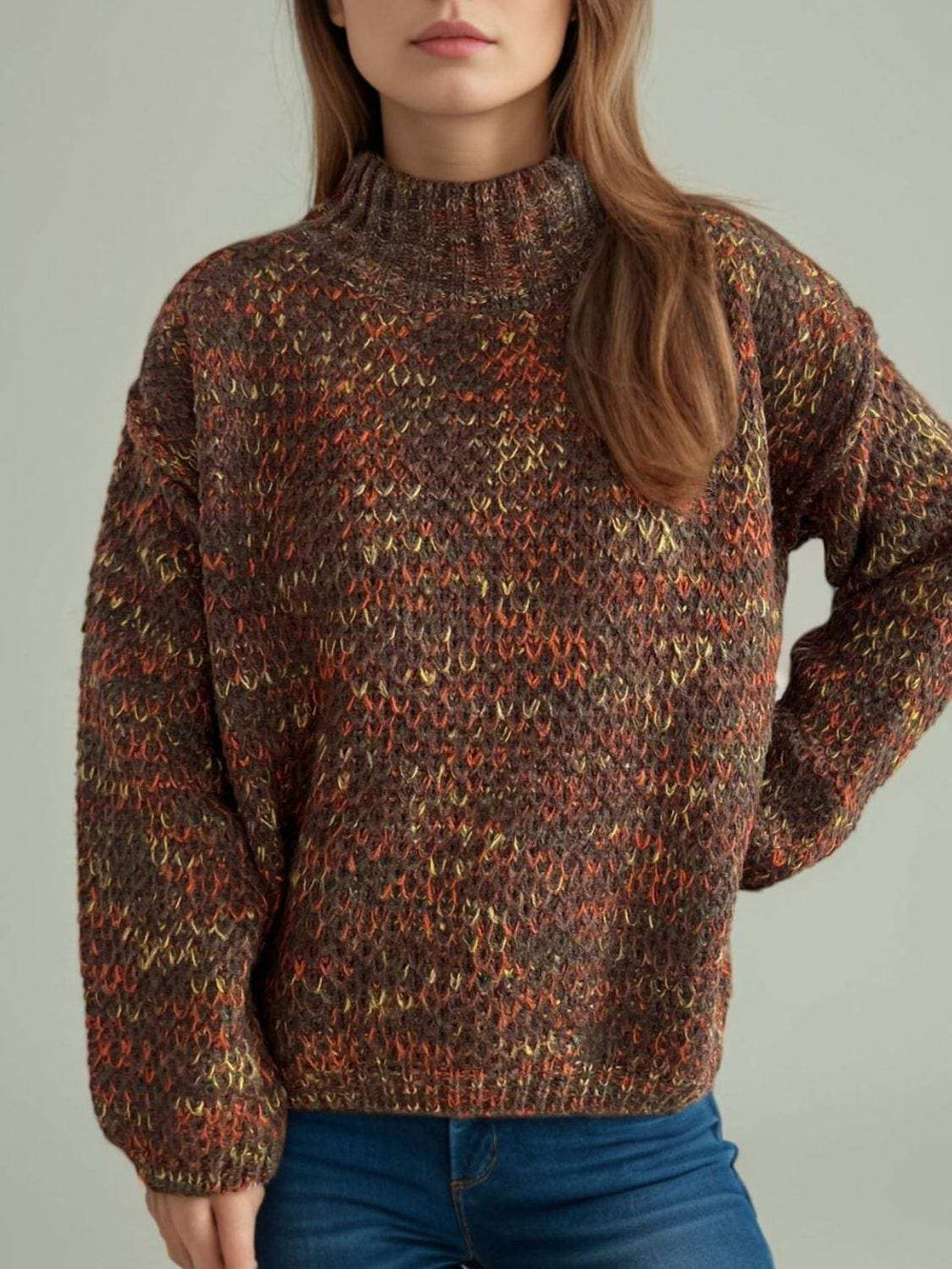 Heathered Turtleneck Dropped Shoulder Sweater - Trendsi - Flyclothing LLC