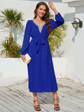 V-Neck Long Sleeve Pleated Dress - Trendsi - Flyclothing LLC