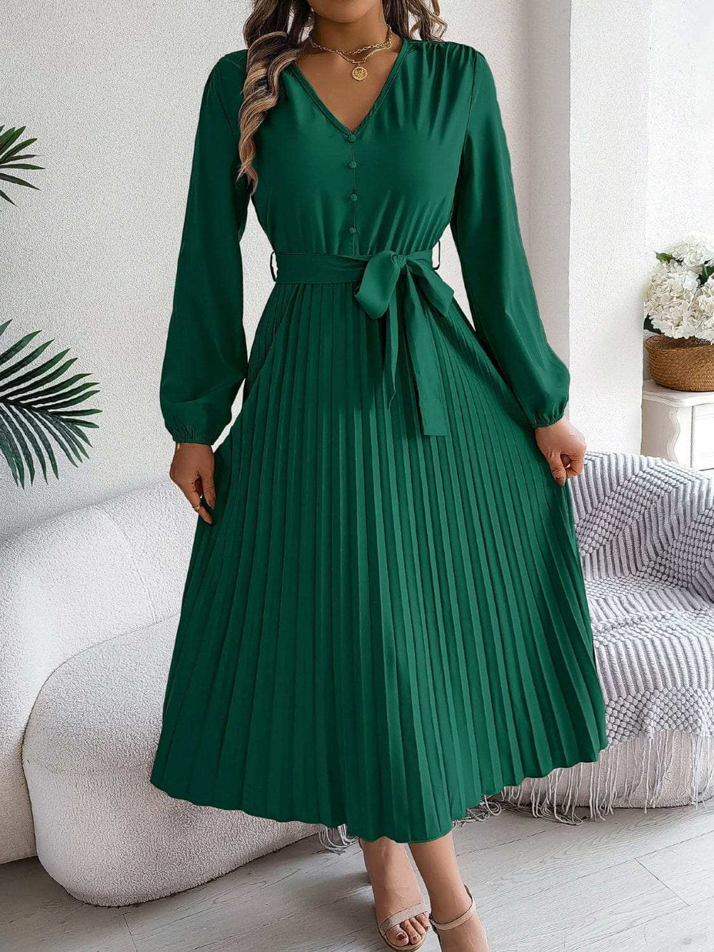 Pleated Tied V-Neck Long Sleeve Dress - Trendsi - Flyclothing LLC
