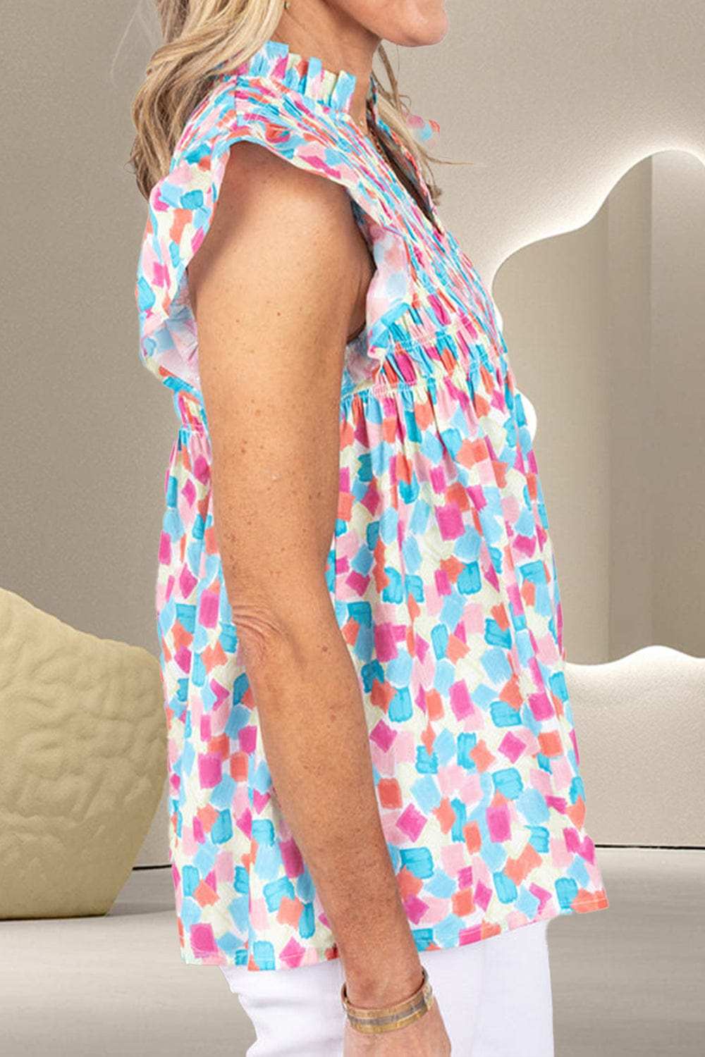 Ruffled Printed Notched Cap Sleeve Blouse - Trendsi - Flyclothing LLC