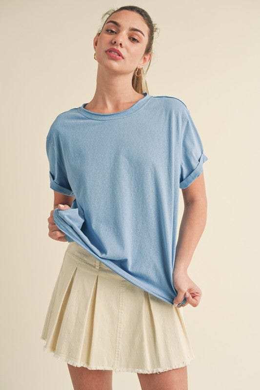 Aemi + Co Exposed Seam Round Neck Short Sleeve T-Shirt - Trendsi - Flyclothing LLC