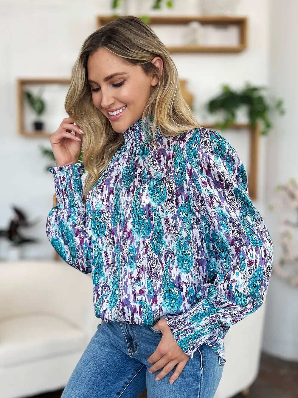 Double Take Full Size Printed Smocked Long Sleeve Blouse - Trendsi - Flyclothing LLC
