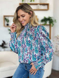 Double Take Full Size Printed Smocked Long Sleeve Blouse - Trendsi - Flyclothing LLC