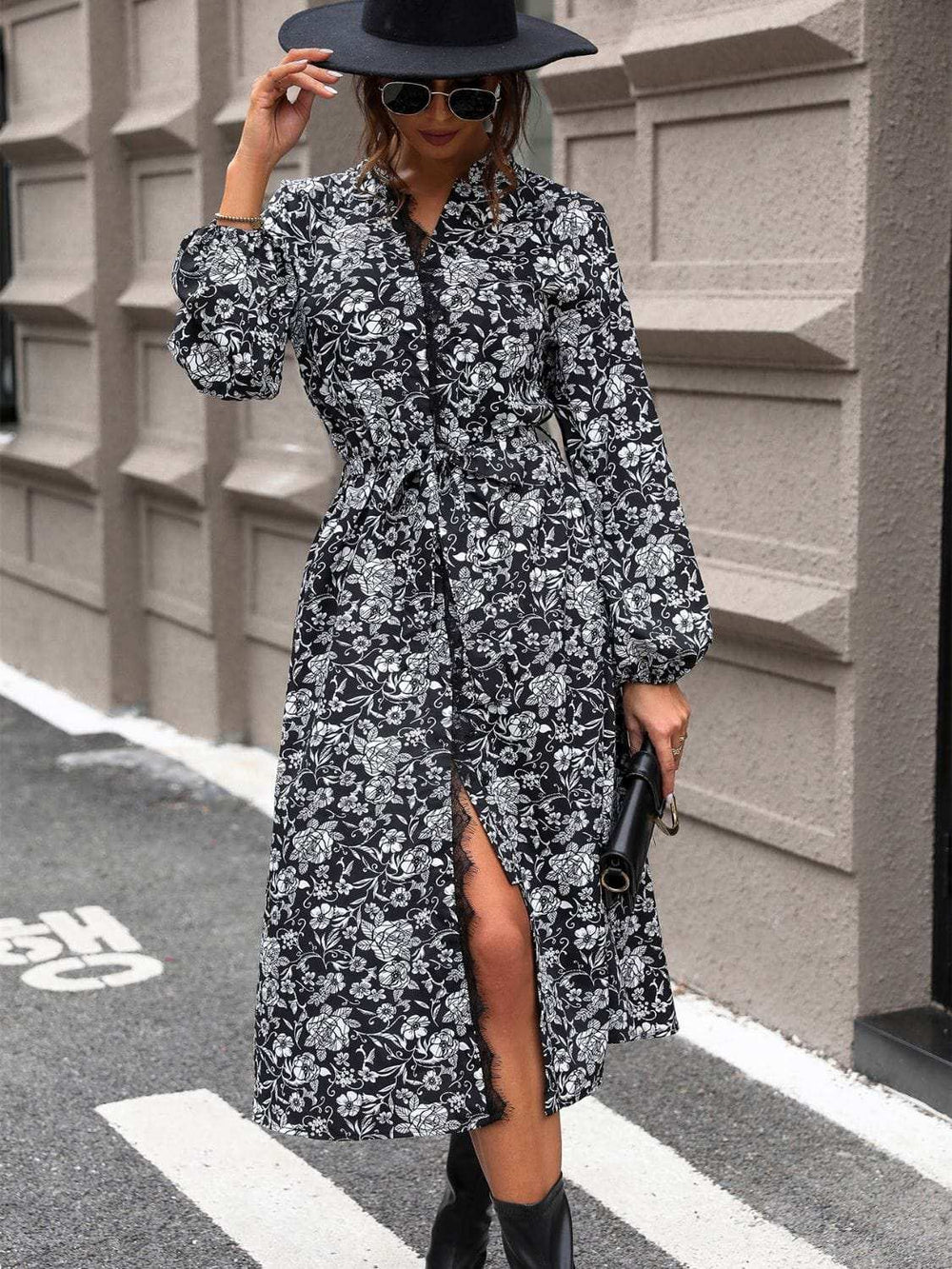 Lace Detail Printed Long Sleeve Midi Dress - Trendsi - Flyclothing LLC