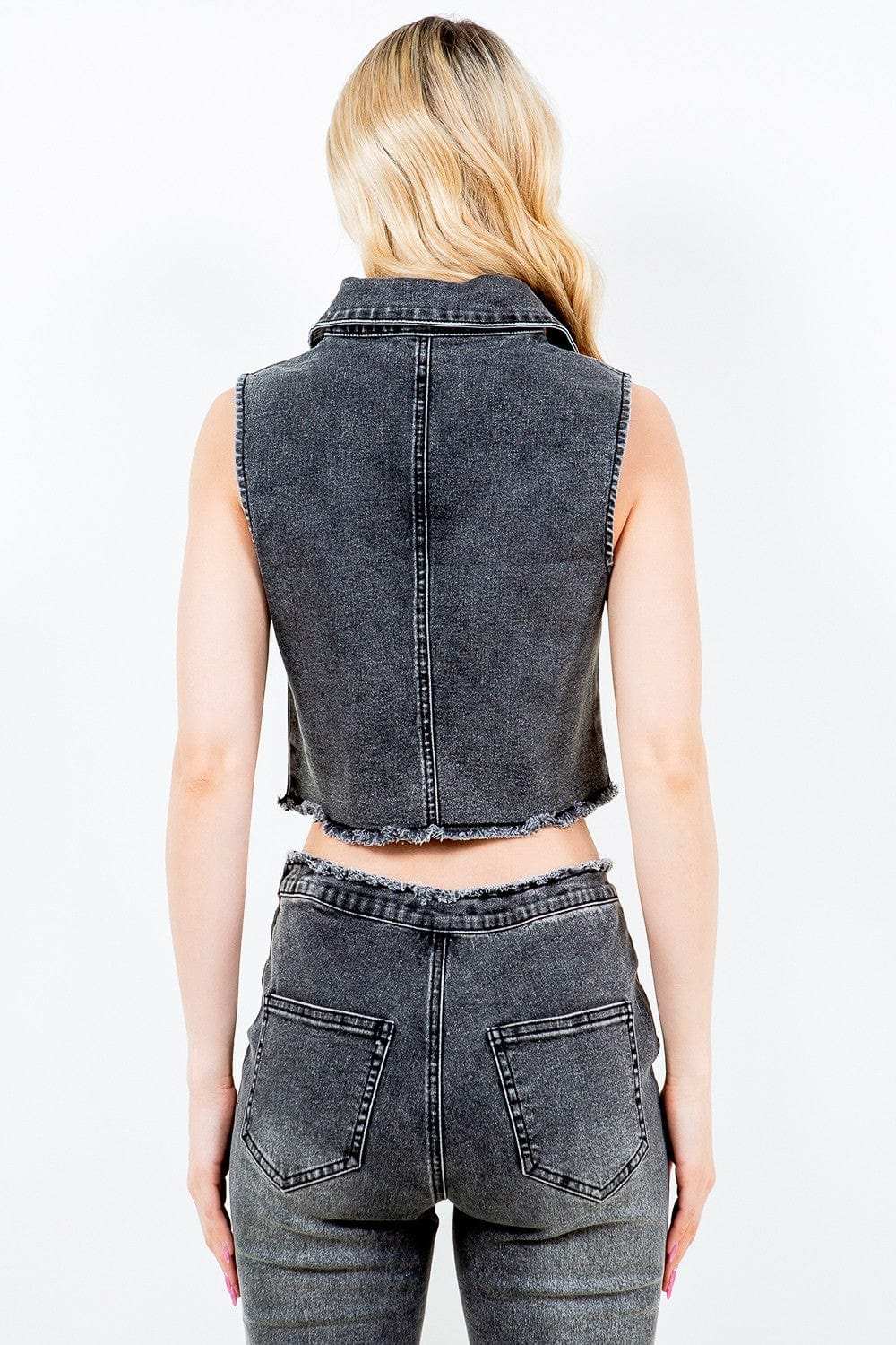 American Bazi Zip Up Washed Crop Denim Vest - Trendsi - Flyclothing LLC