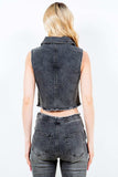 American Bazi Zip Up Washed Crop Denim Vest - Trendsi - Flyclothing LLC