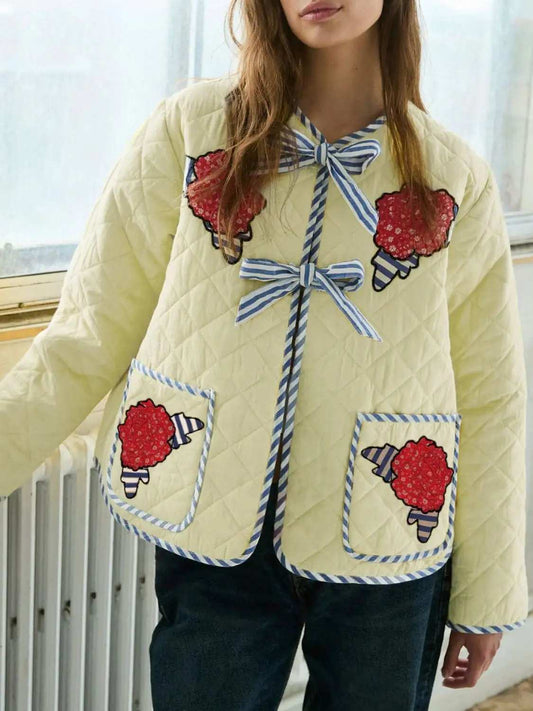Embroidered Flower Tied Long Sleeve Winter Coat - Trendsi - Flyclothing LLC