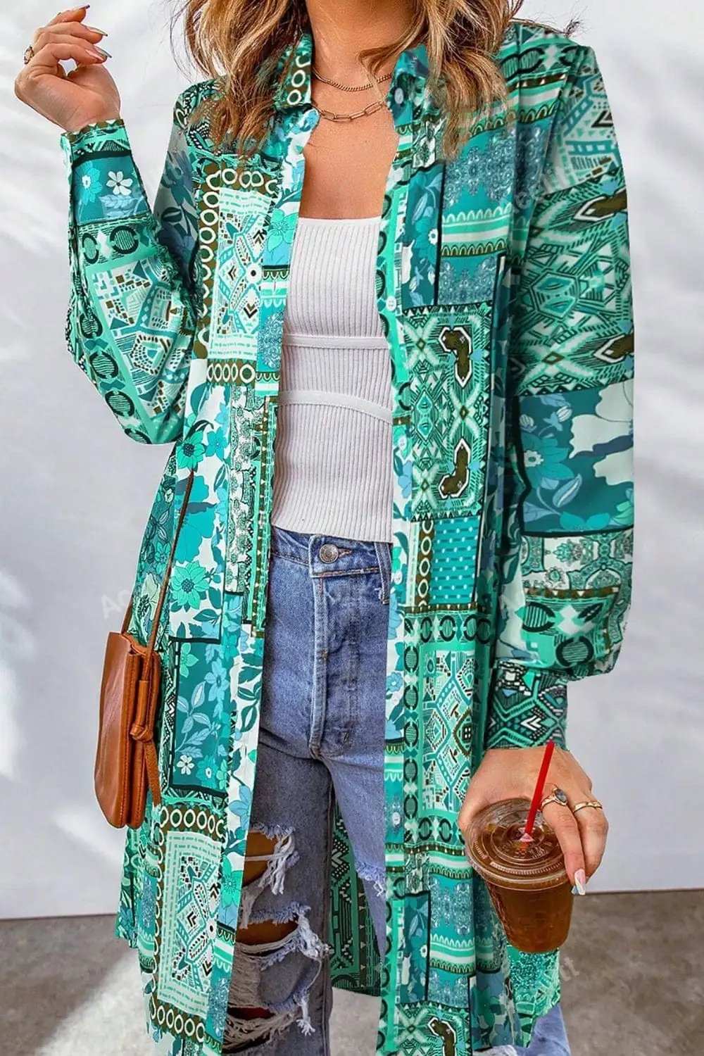Printed Button Up Long Sleeve Cardigan - Trendsi - Flyclothing LLC