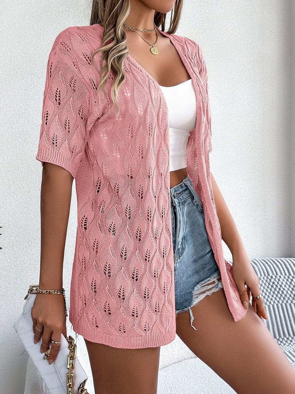 Openwork Open Front Short Sleeve Cardigan - Trendsi - Flyclothing LLC
