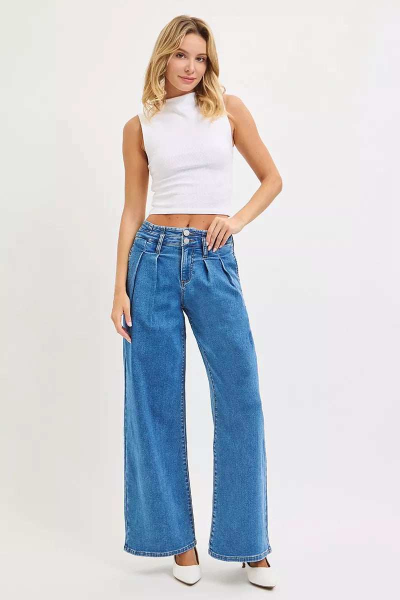 RISEN Full Size Mid Rise Fit Wide Leg with Pleated Detail Jeans Plus Size - Trendsi - Flyclothing LLC