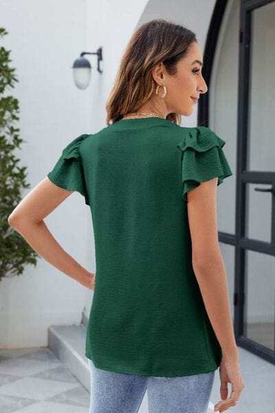 Ruffled Notched Short Sleeve Blouse - Trendsi - Flyclothing LLC