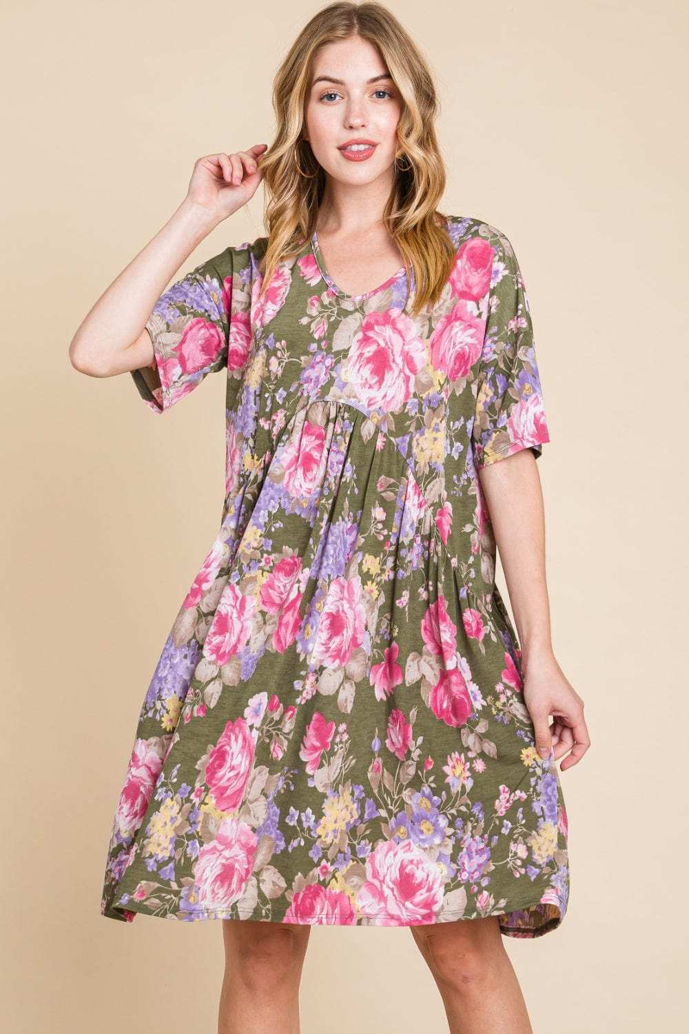 BOMBOM Flower Print V-Neck Ruched Dress - Trendsi - Flyclothing LLC