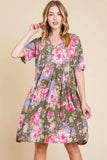 BOMBOM Flower Print V-Neck Ruched Dress - Trendsi - Flyclothing LLC
