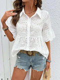 Eyelet Solid Collared Neck Half Sleeve Shirt - Trendsi - Flyclothing LLC