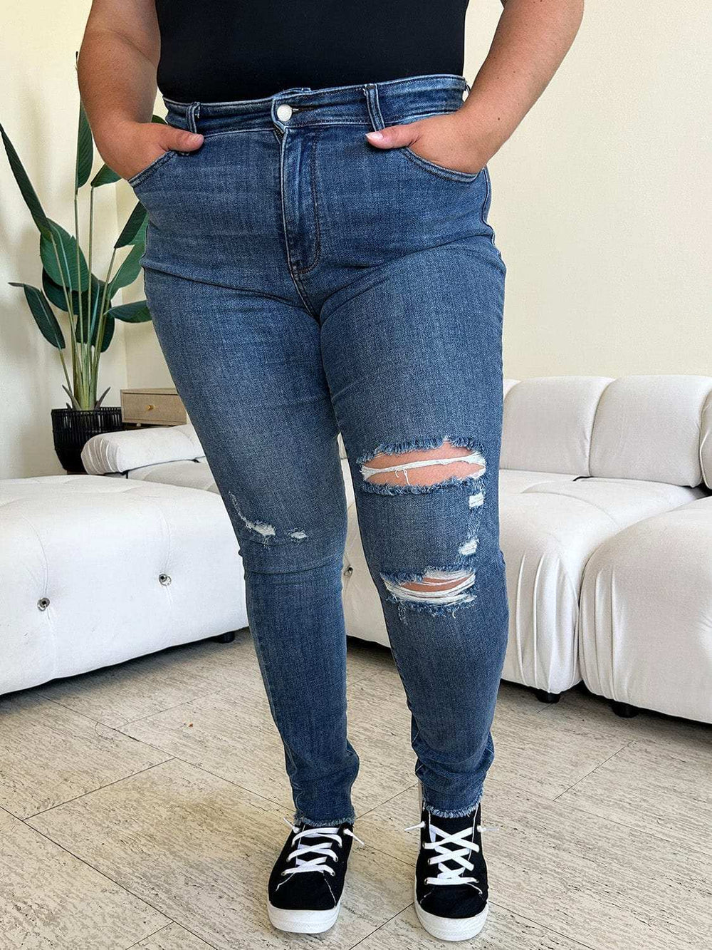 Judy Blue Full Size High Waist Distressed Skinny Jeans - Trendsi - Flyclothing LLC