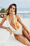 Printed Plunge Halter Neck Swimwear and Cardigan Set - Trendsi - Flyclothing LLC