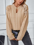 Cable-Knit Notched Long Sleeve Sweater - Trendsi - Flyclothing LLC